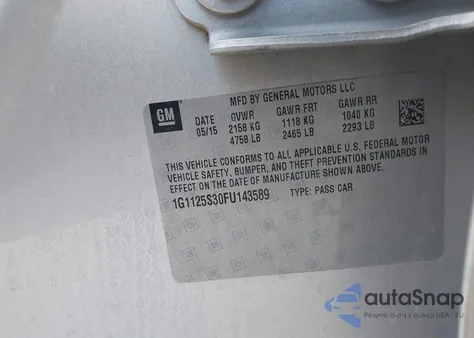 2015 Chevrolet Impala 2Lt из США, поврежденный, VIN 1G1125S30FU143589